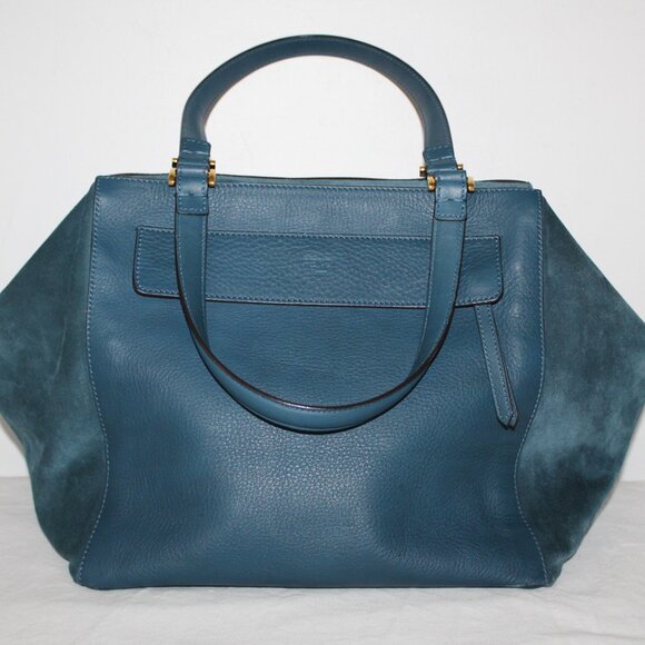Fendi Handbags - Fendi Borsa C Manici M Vitello Petrolio Oro Soft Blue Suede Leather Tote Satchel